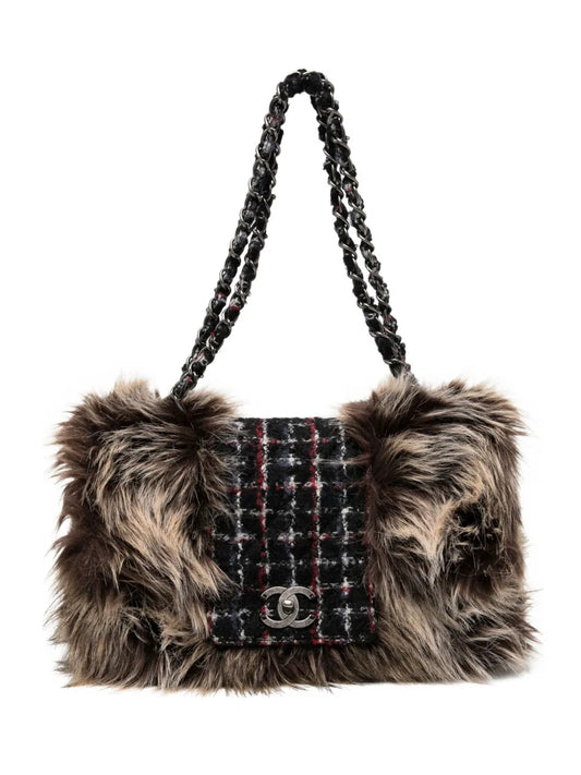 Chanel Pre Owned Classic Flap Faux Fur Tweed Shoulder Bag