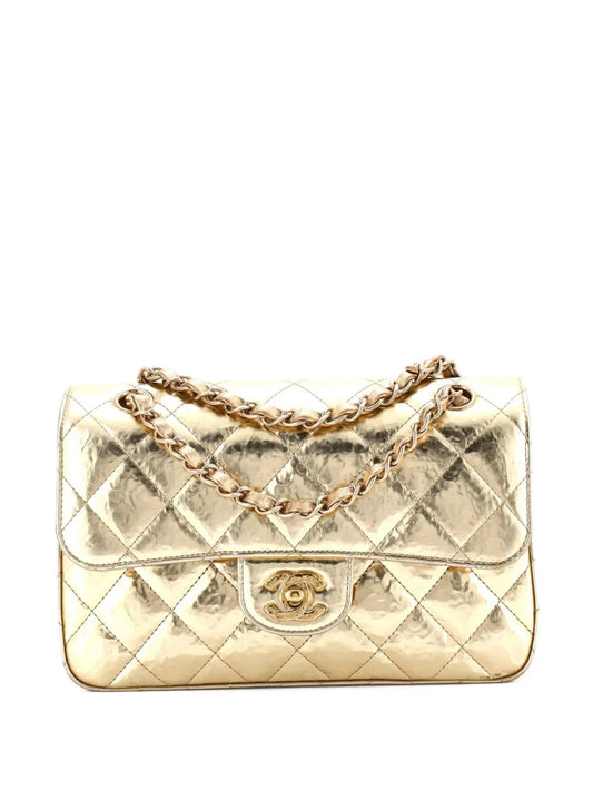 Chanel Pre Owned Classic Double Flap Bag Quilted Hammered Metallic Calfskin Small Shoulder Bag