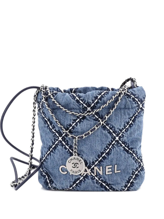 Chanel Pre Owned 22 Chain Quilted Stitched Denim Mini Hobo Bag