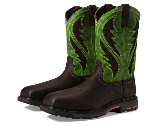 Men's Ariat Workhog Wide Square Toe Venttek Composite Toe Bruin Brown/Grass Green